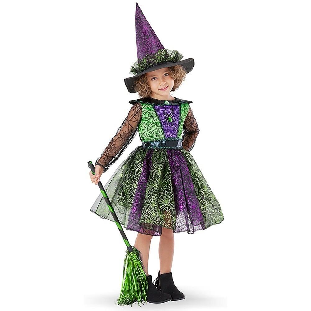Girls 5/6 Witch Costume Dress & Hat Set Spiderweb Green Purple Kids Halloween